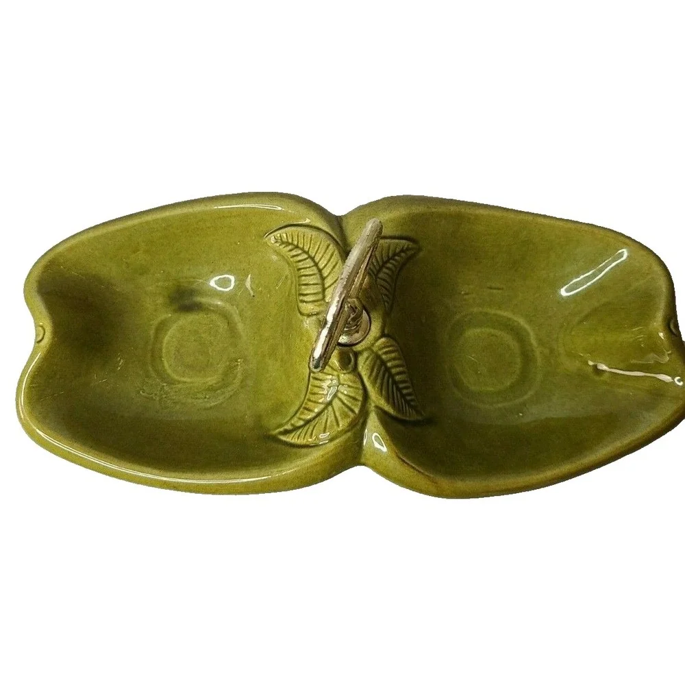 Vintage California Pottery Two Compartment Green Apple Serving Dish With Handle